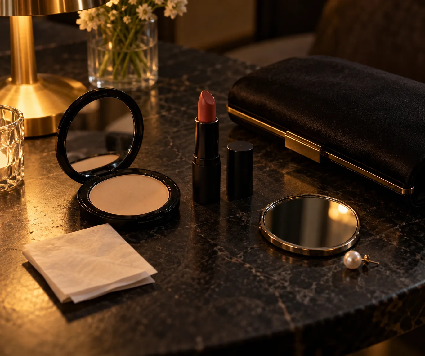 Compact, muted lipstick, mirror and tissue beside a black evening clutch on dark stone