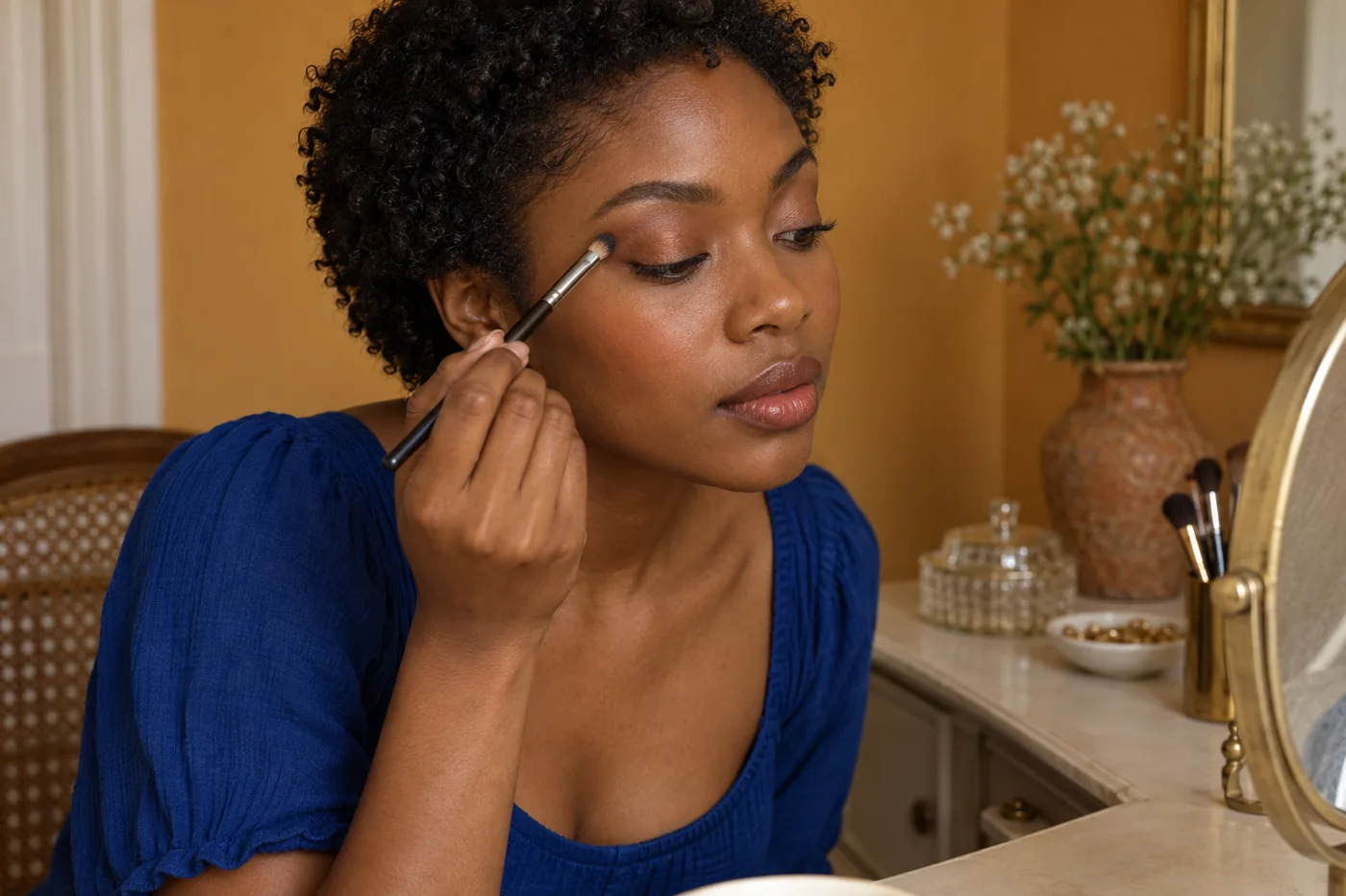 Woman in cobalt using a small brush to soften an upper-lid color edge beside an ochre wall
