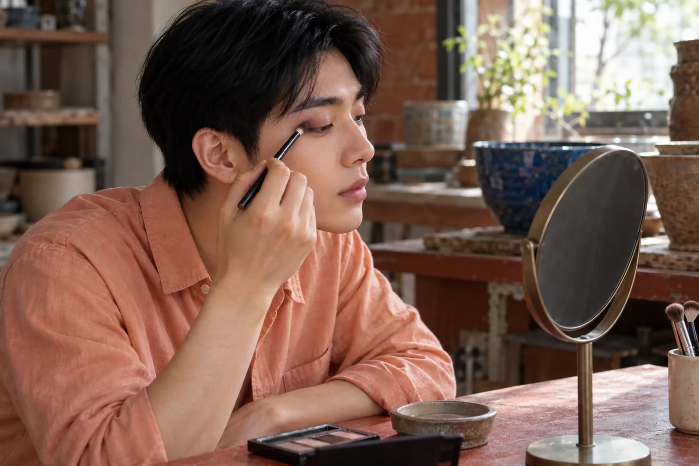 Young man in a peach shirt applying restrained taupe eye color at a mirror in a brick ceramics studio