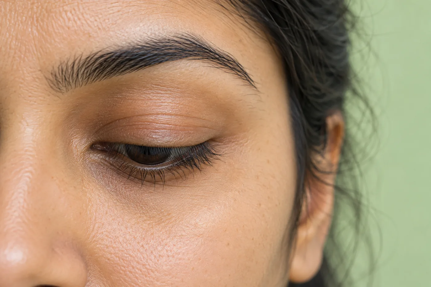 Close view of a gently lowered eye showing the natural external lid and folds
