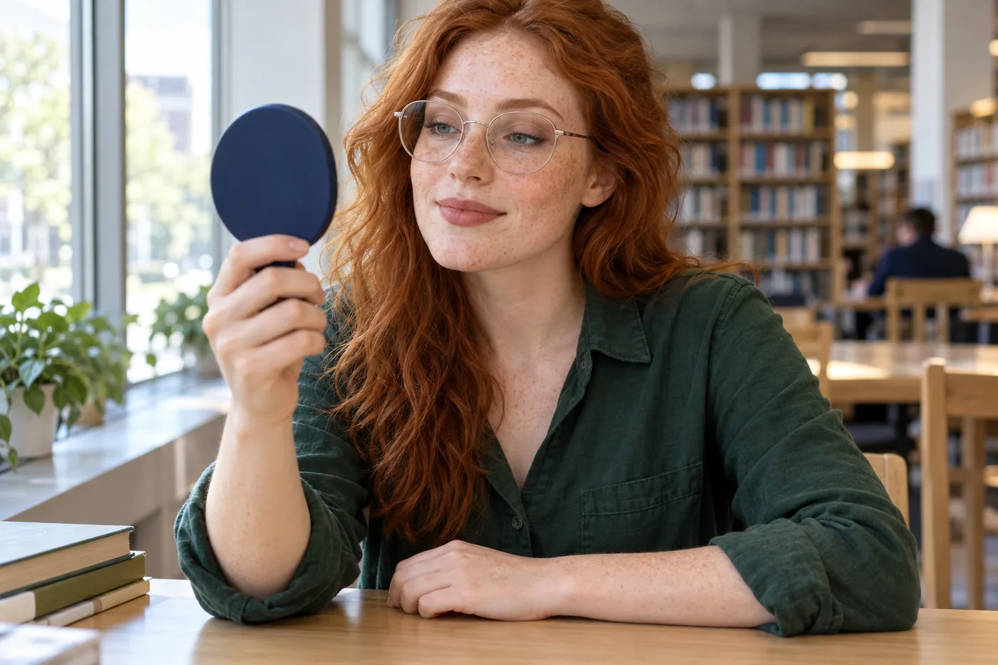 Red-haired woman wearing clear glasses reviewing restrained eye color in a navy mirror by a library window