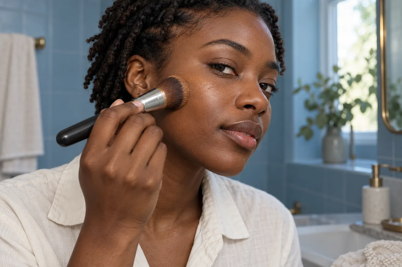 Young Black adult in a cream shirt gently touches a rounded foundation brush to the outer cheek in a blue bathroom