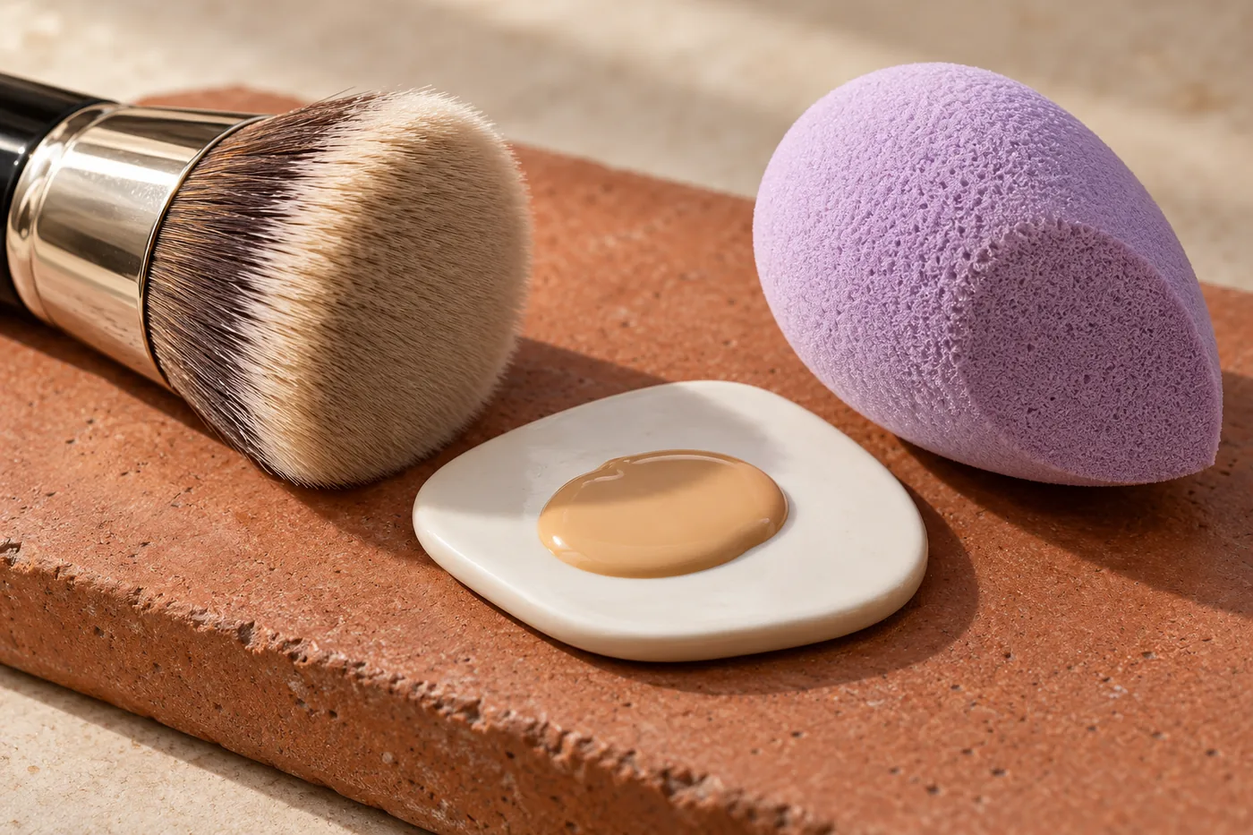Rounded brush tips, a lavender sponge and separate foundation on a white palette resting on terracotta stone