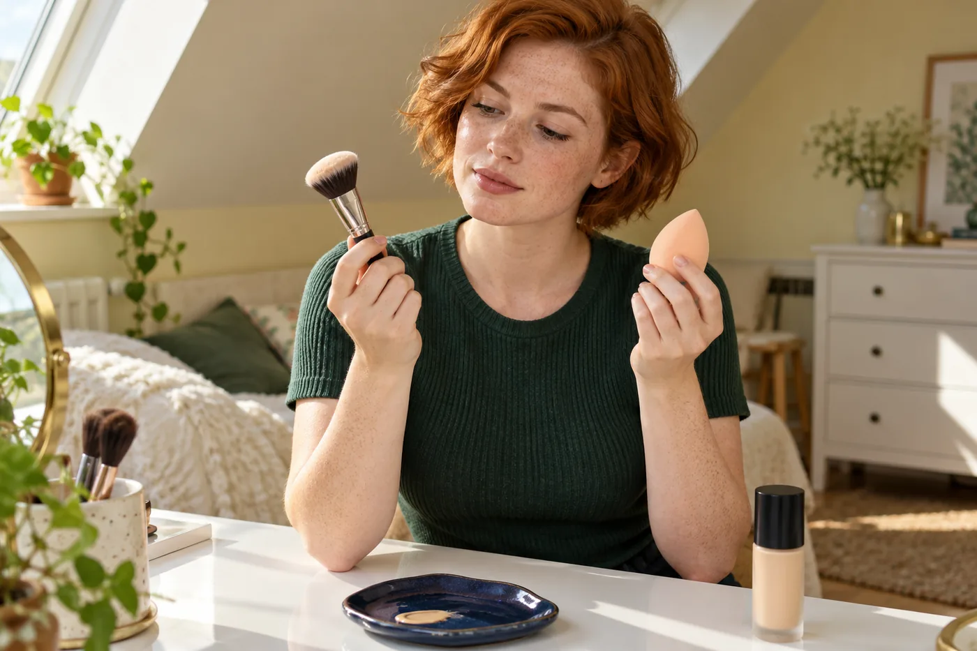 Freckled young adult with short copper hair and green shirt considers a brush and peach sponge at a white table in a yellow attic room