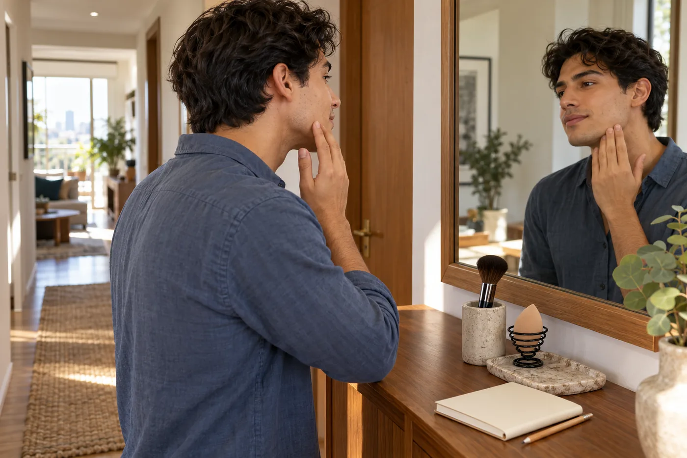 Young man in a blue shirt checks foundation in a hallway mirror beside a dry brush, sponge stand and closed notebook