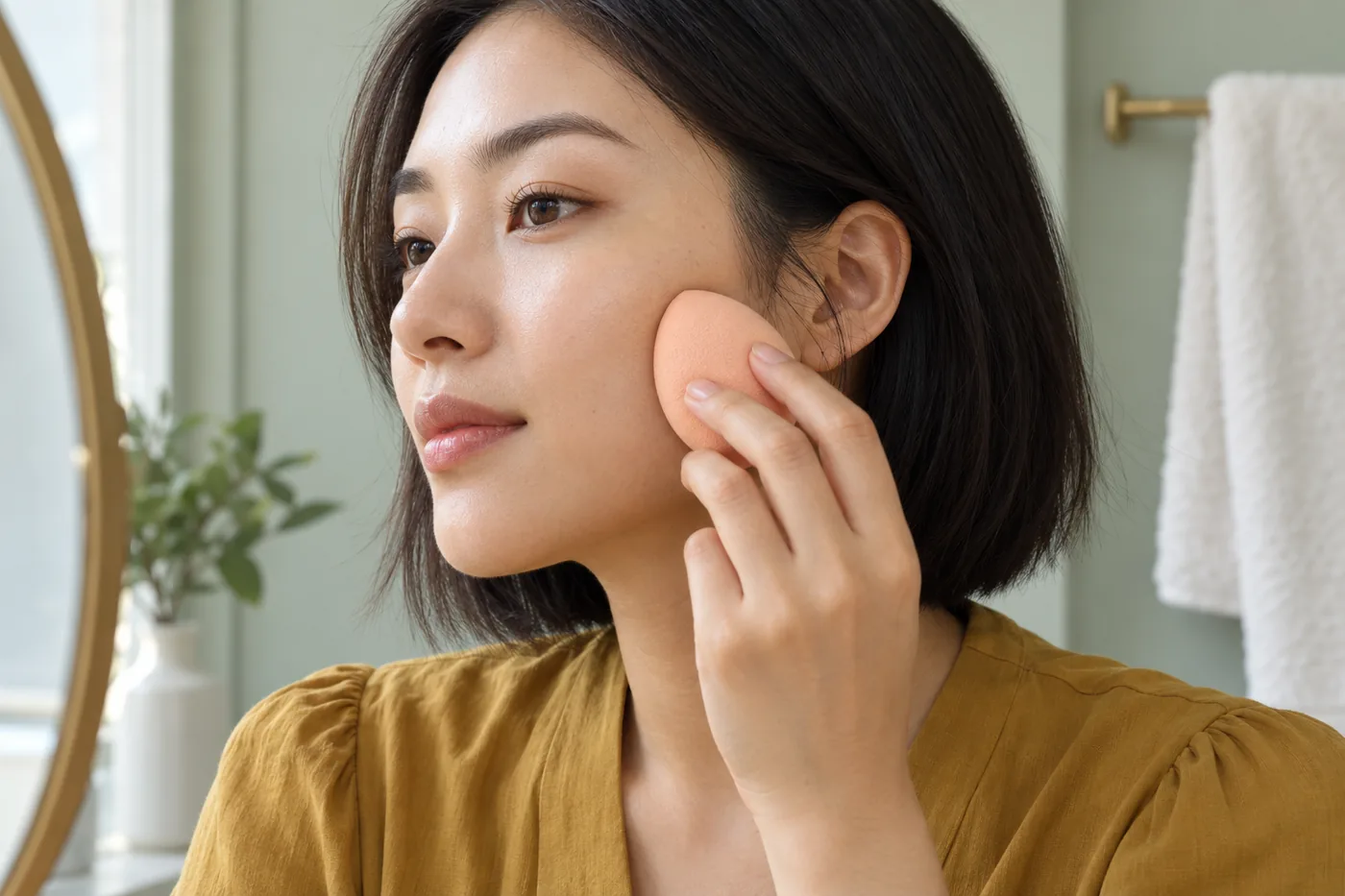 Young East Asian adult in an ochre blouse presses the broad side of a peach sponge against the cheek beside a mirror