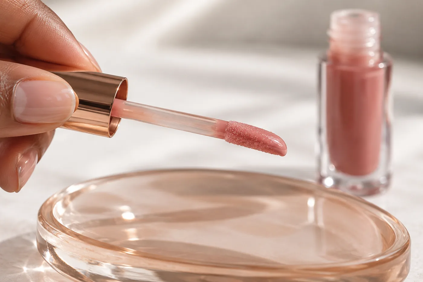 Dedos seguram aplicador com pouca camada de gloss rosado sobre prato de vidro pêssego com frasco ao fundo