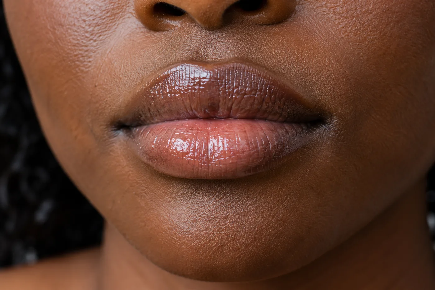 Detalhe da textura natural dos lábios com reflexo de gloss transparente em pele marrom escura