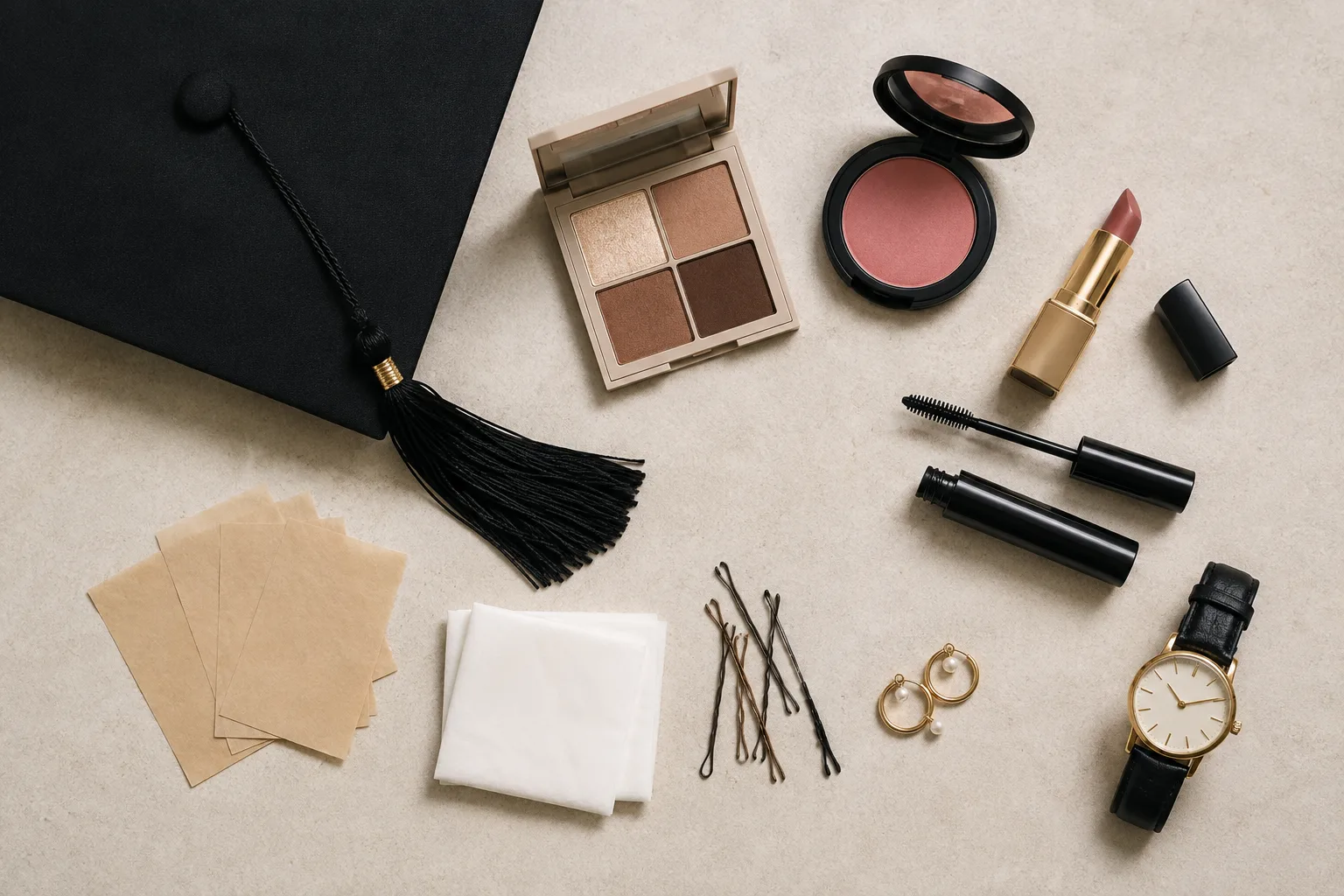 Graduation cap, tassel, neutral eye palette, blush, lipstick, mascara, watch, tissues and hairpins arranged as a makeup plan