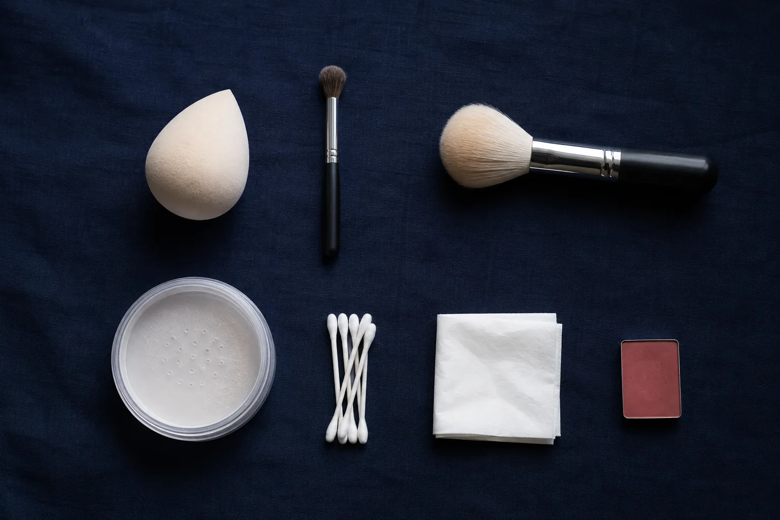 Compact patchy blush rescue kit with clean sponge, two brushes, translucent powder, cotton buds, tissue and cream blush on navy linen
