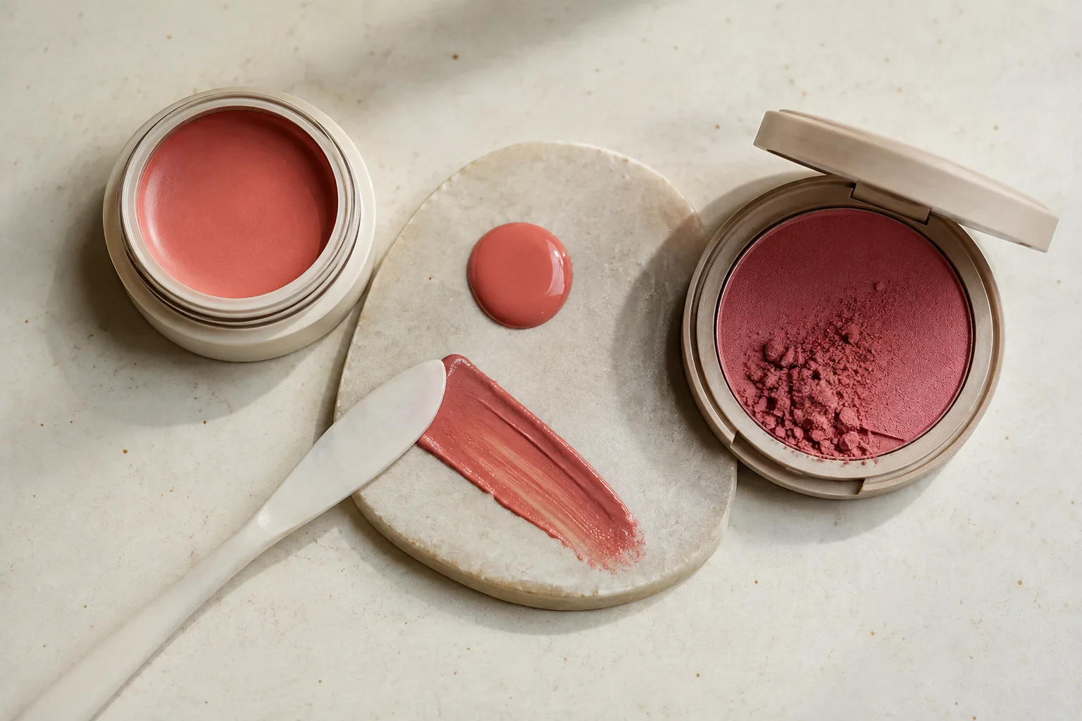 Unbranded cream, liquid and powder blush textures arranged on an ivory surface in coral and berry tones