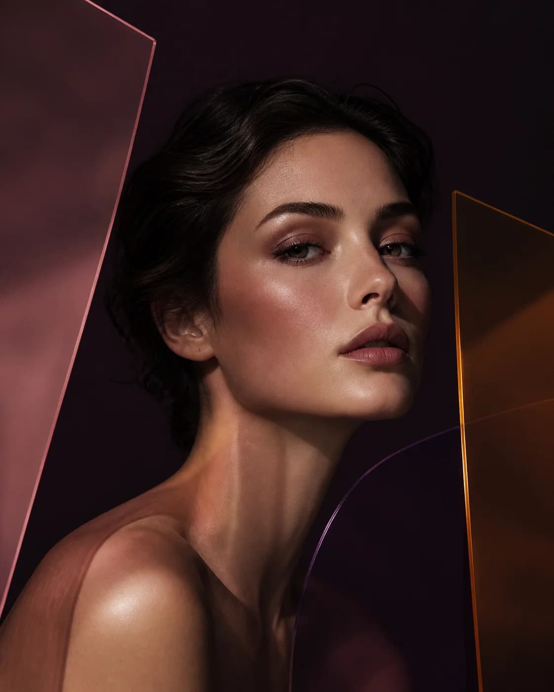 Portrait beauté encadré de plans de couleur rose, cuivre et prune