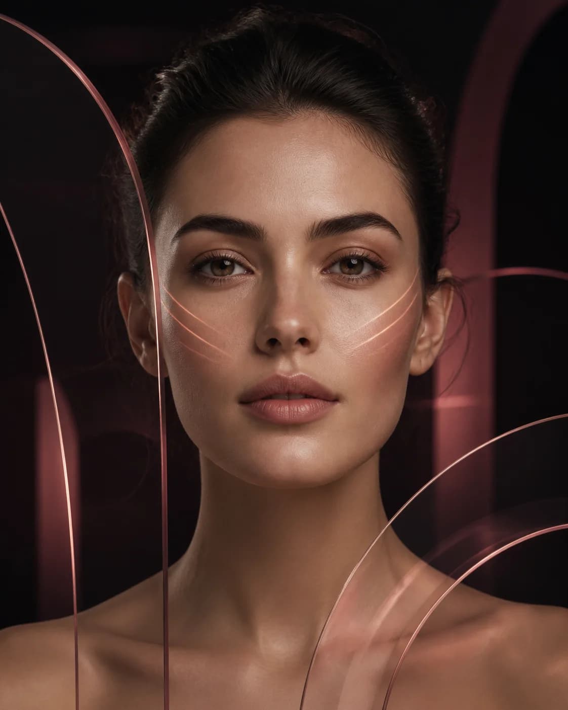Editorial beauty portrait with translucent rose arcs suggesting facial balance