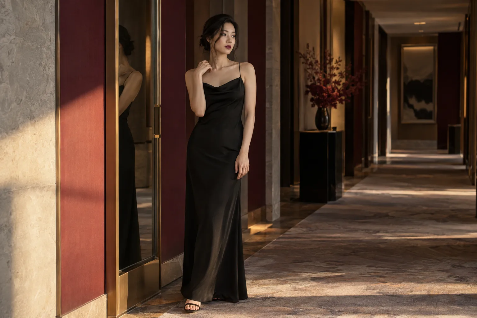 Young East Asian woman in a black satin dress with a muted berry lip beside a mirror in a warm hotel corridor