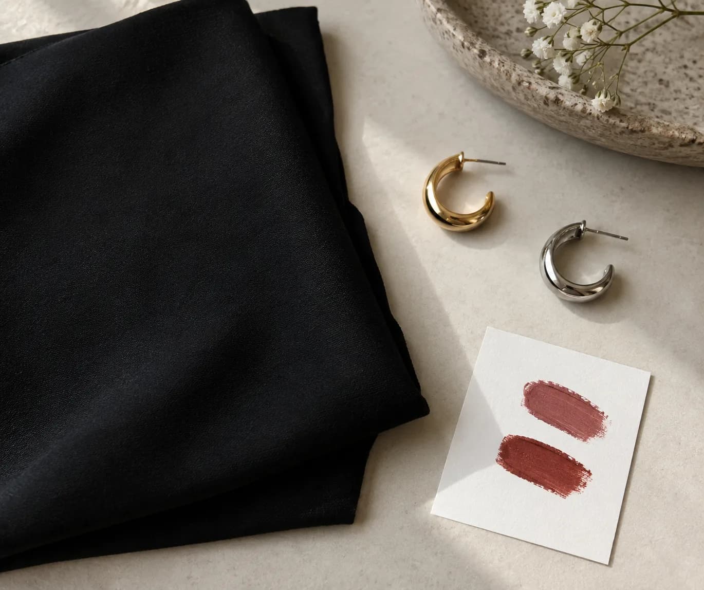 Folded black dress fabric with gold and silver earrings beside two muted lipstick swatches