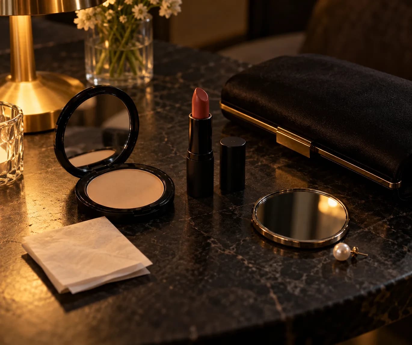 Compact, muted lipstick, mirror and tissue beside a black evening clutch on dark stone