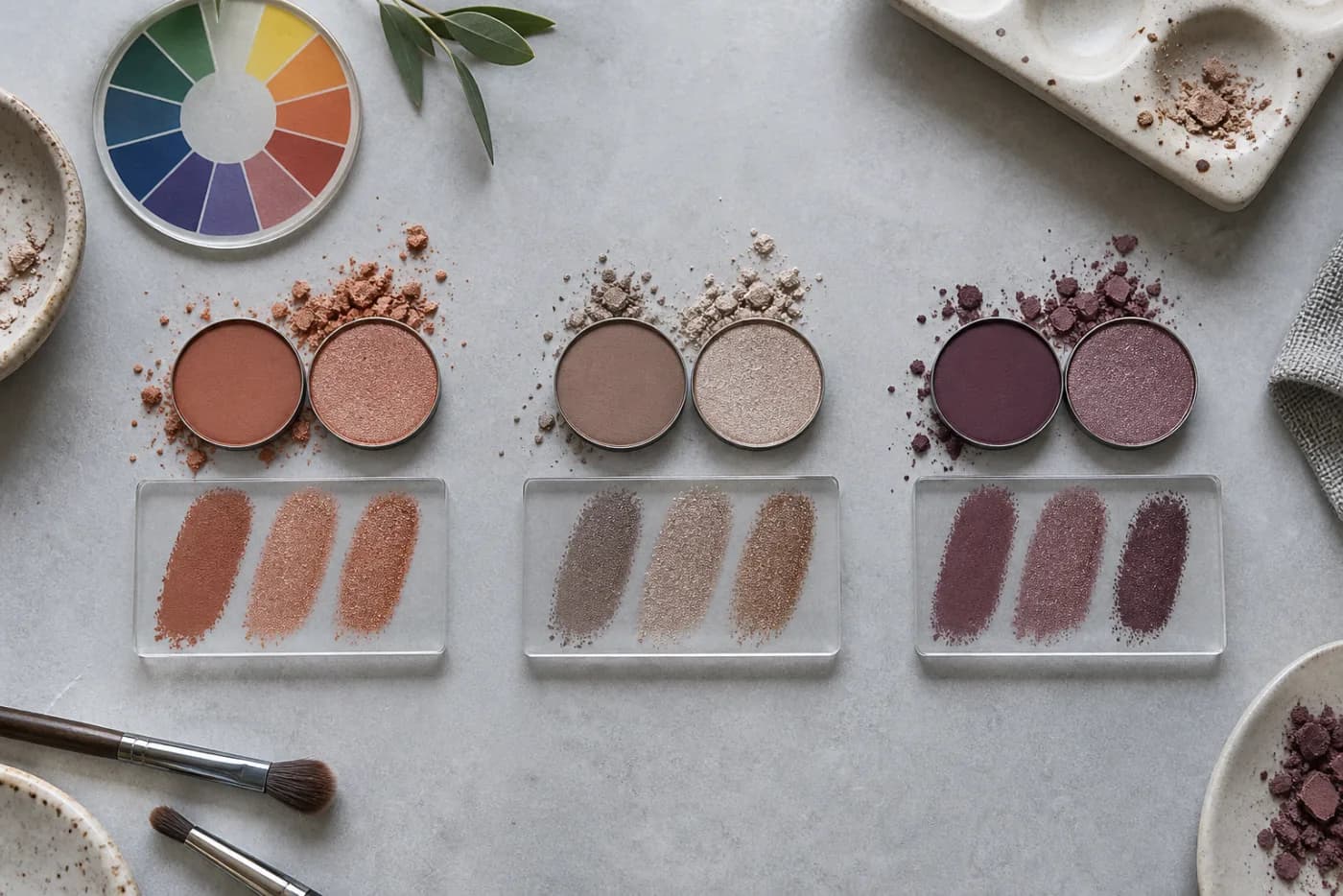 Muted copper peach, neutral taupe champagne and plum mauve eyeshadow families arranged with separate powder swatches on clear acrylic