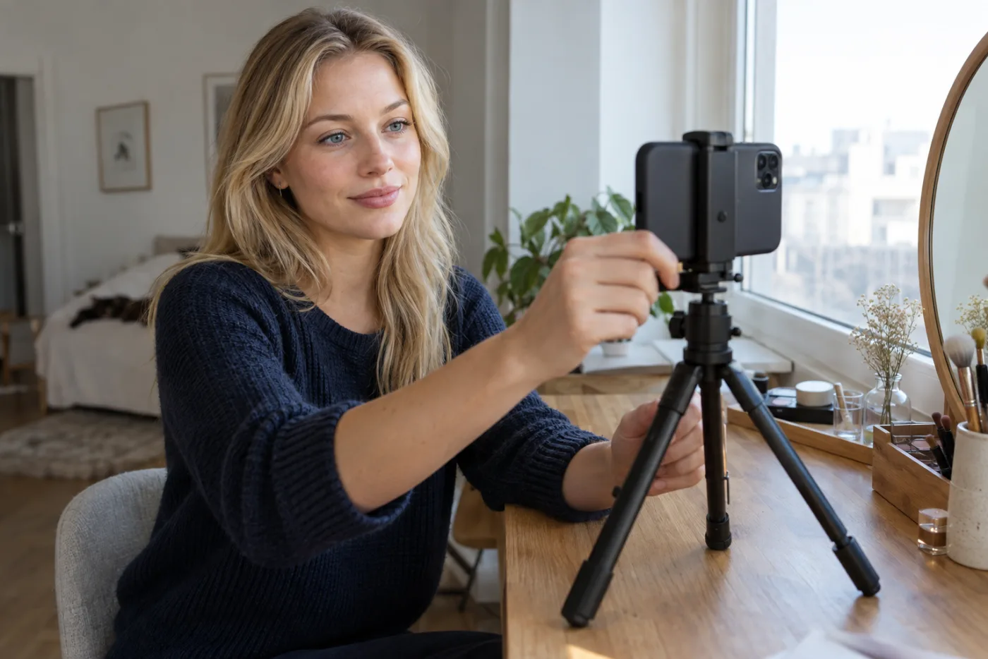Blue eyed blonde in a navy knit top adjusting a smartphone tripod beside a large neutral daylight window