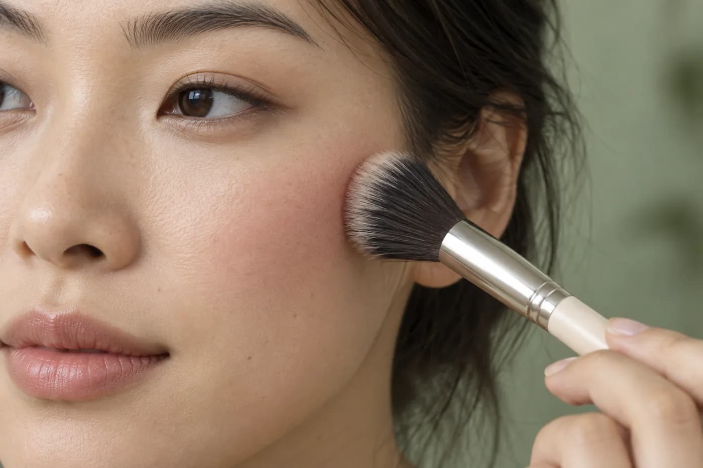 Primer plano de joven adulta de Asia oriental tocando suavemente el borde del colorete rosa con un pincel limpio