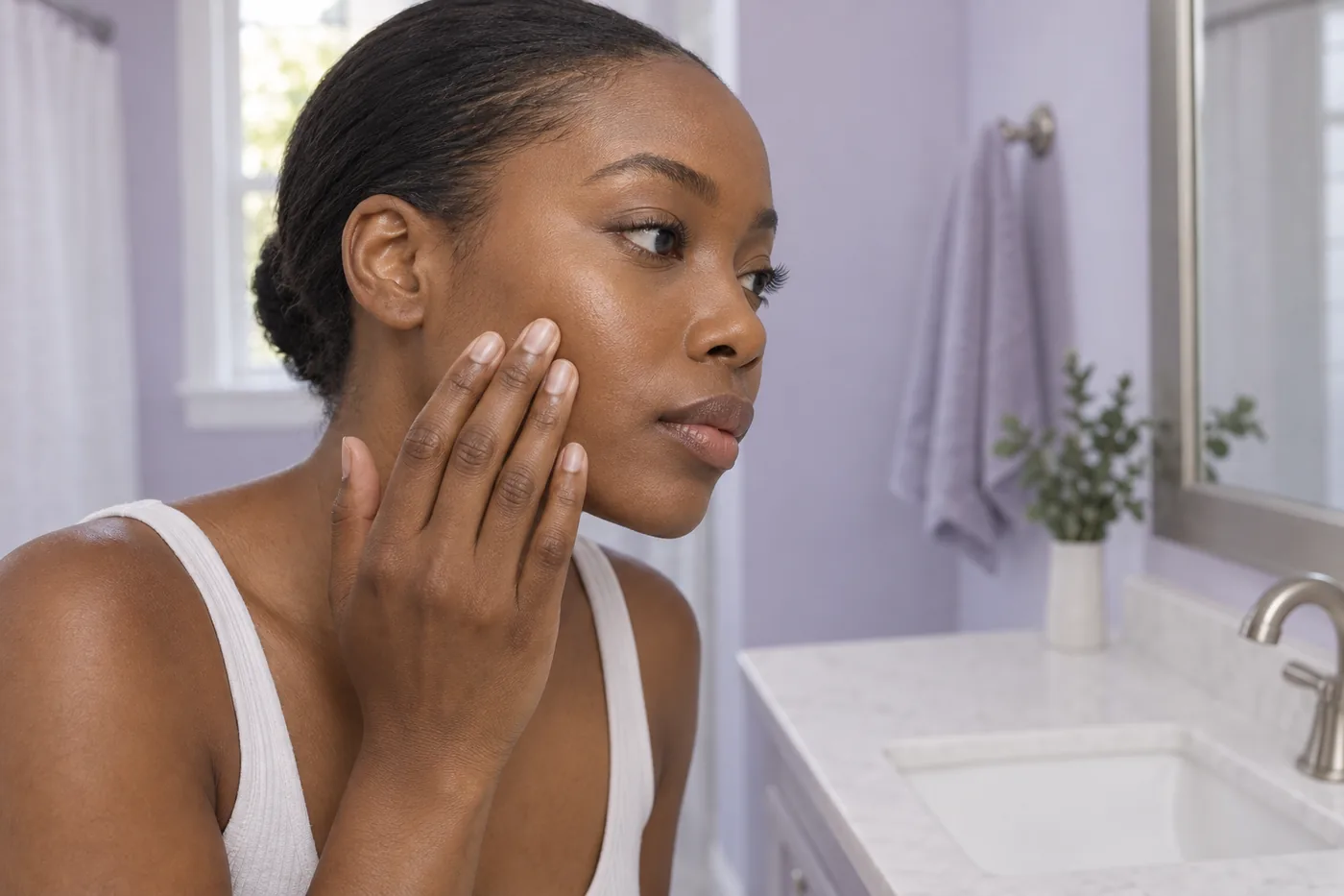 Jovem adulta negra confere delicadamente a base na bochecha diante de um espelho em um banheiro lavanda com luz suave