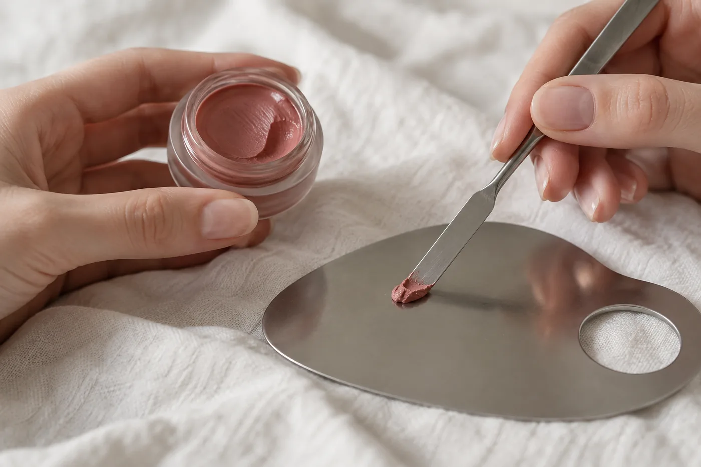 Espátula metálica limpa transfere uma pequena porção de blush cremoso rosa para uma paleta de mistura
