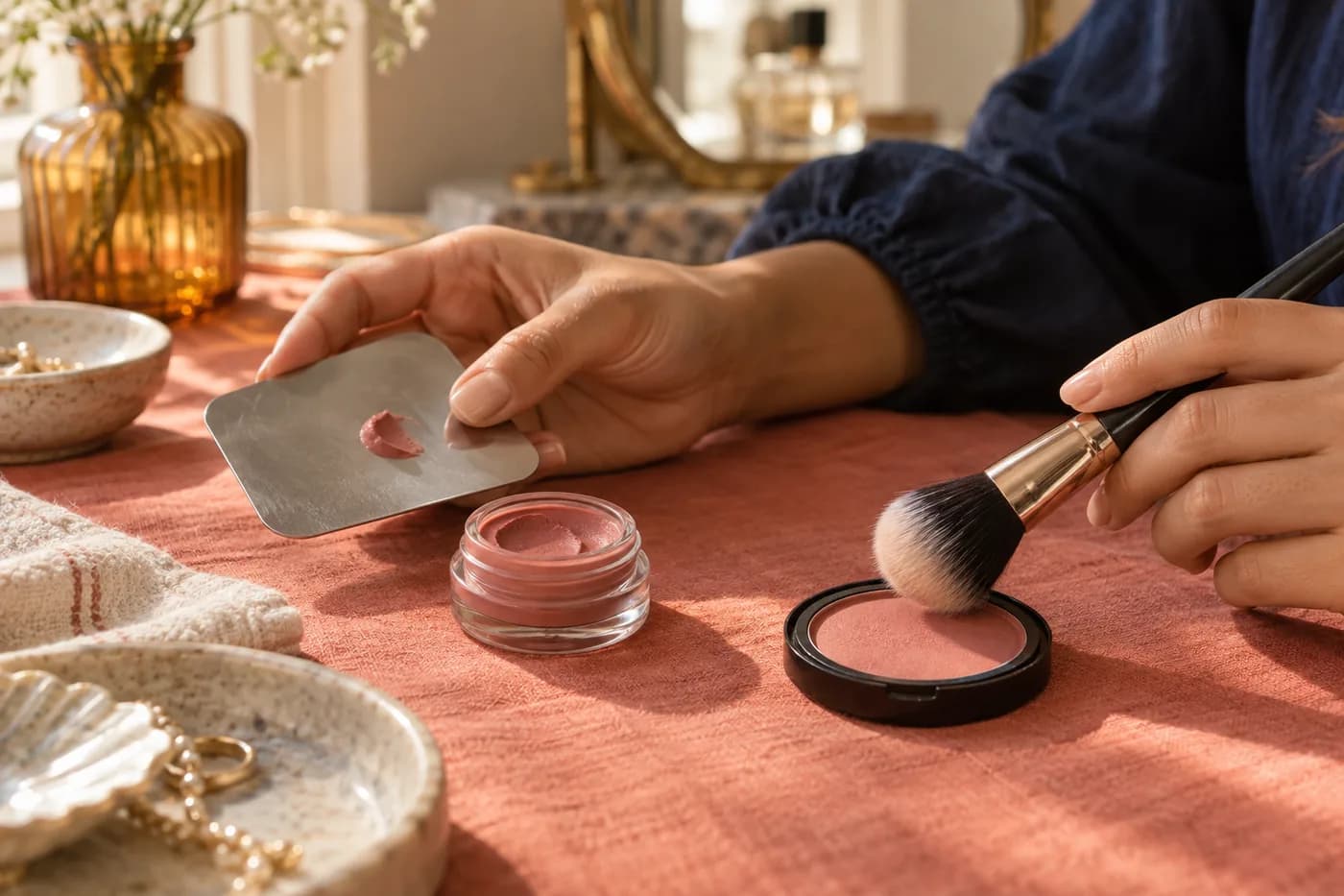 Mãos comparam uma pequena porção de blush cremoso e um pincel para blush em pó sobre linho coral à luz quente da janela