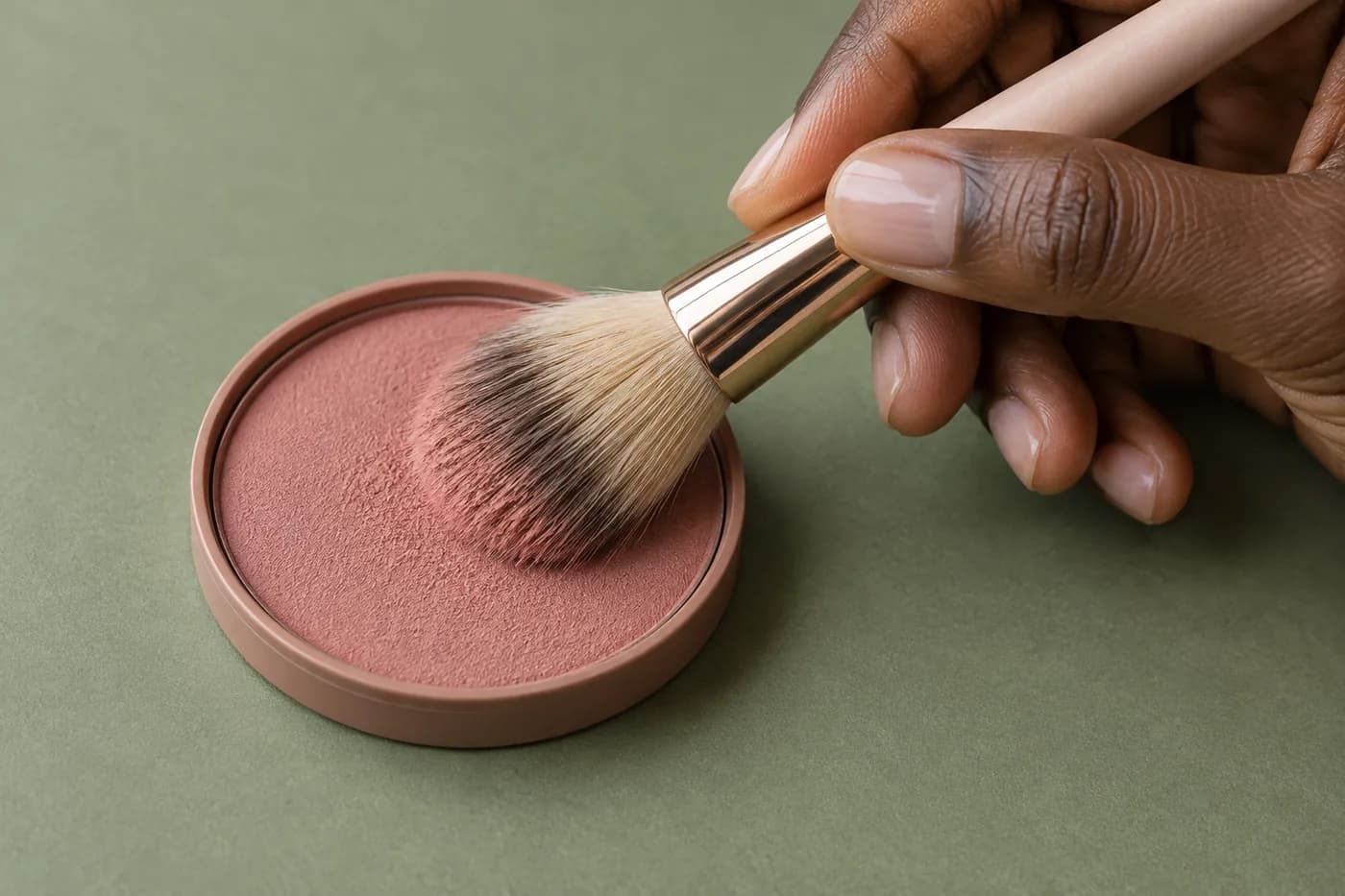 Mão de pele marrom escura carrega levemente um pincel macio em um blush rosa em pó sobre fundo verde sálvia