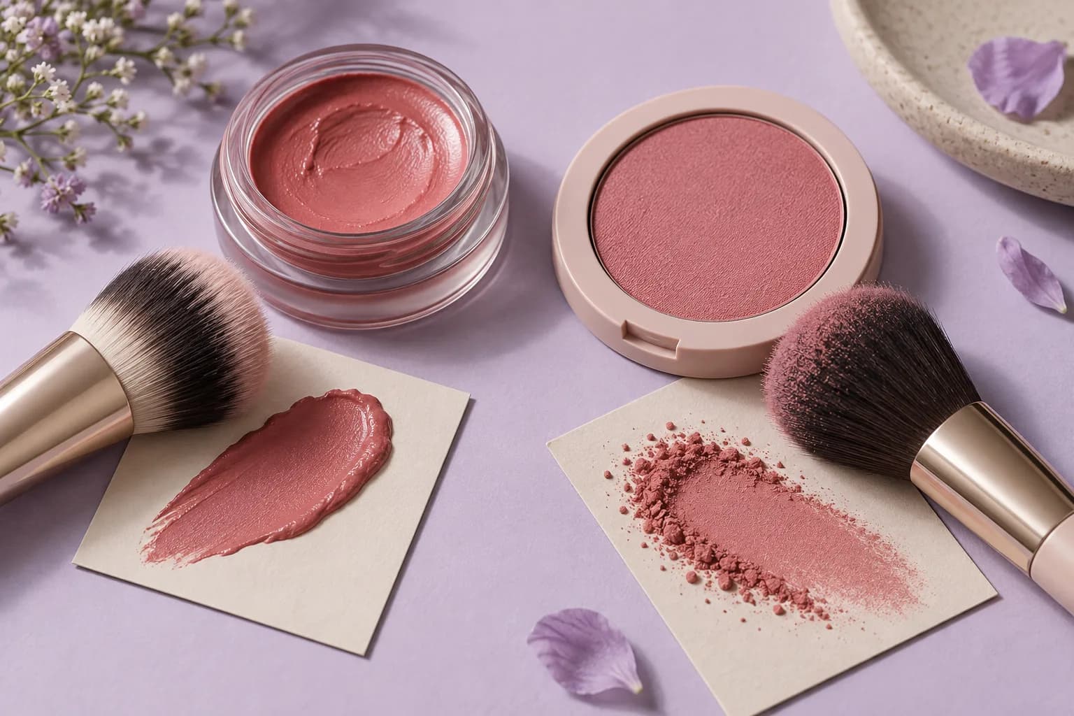 Unmarkiertes Creme- und Puderrouge mit getrennten Pinseln und Farbfeldern auf fliederfarbenem Untergrund