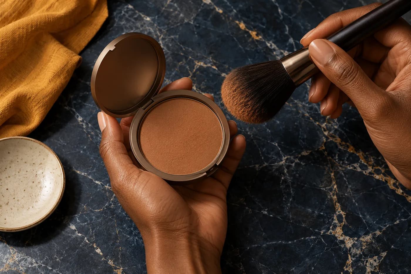 Mãos adultas de pele marrom-escura seguram bronzer sem marca e pincel macio sobre pedra azul-escura com tecido açafrão e prato marfim