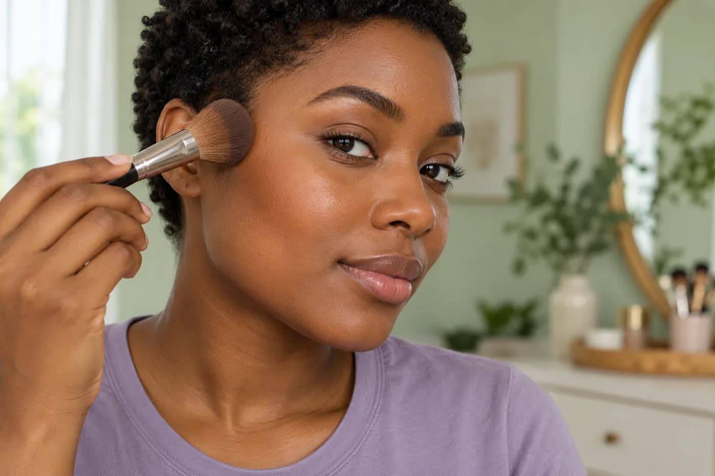 Jovem adulta negra de cachos curtos e camiseta lavanda encosta pincel redondo na parte externa alta da bochecha junto à têmpora em quarto verde-claro