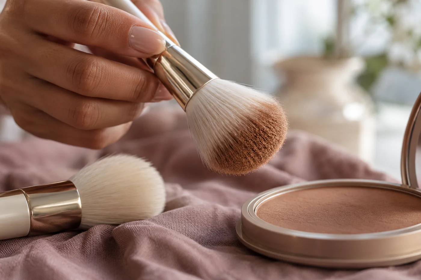Detalhe de mão segurando pincel macio com pigmento marrom nas pontas sobre bronzer aberto em tecido rosa antigo ao lado de pincel limpo