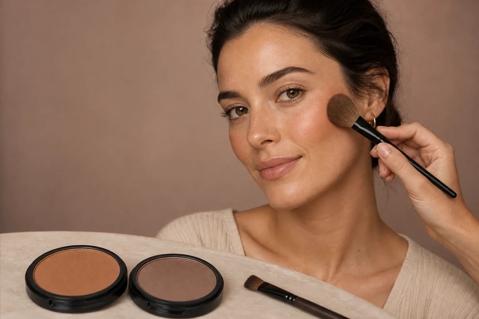 Femme pendant l'application d'un bronzer près de poudres chaude et mate pour le contouring