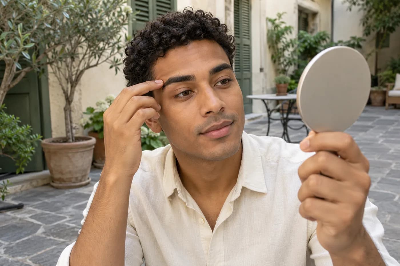 Junger erwachsener Mann mit mittelbrauner Haut und dunklen Locken prüft Brauen-Make-up im ovalen Handspiegel im Hof mit grünen Fensterläden