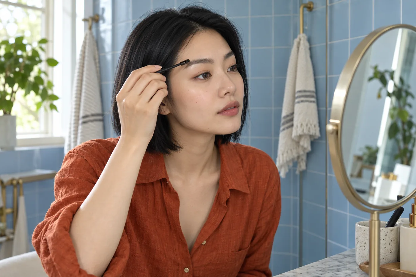 Persona joven adulta de Asia oriental con camisa teja peina una ceja frente a un espejo fijo en una habitación de azulejos azules