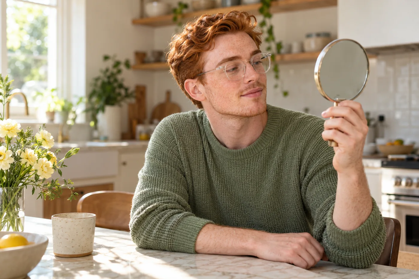 Persona adulta pelirroja con pecas y gafas transparentes revisa las cejas en un espejo de mano junto a una mesa de cocina clara