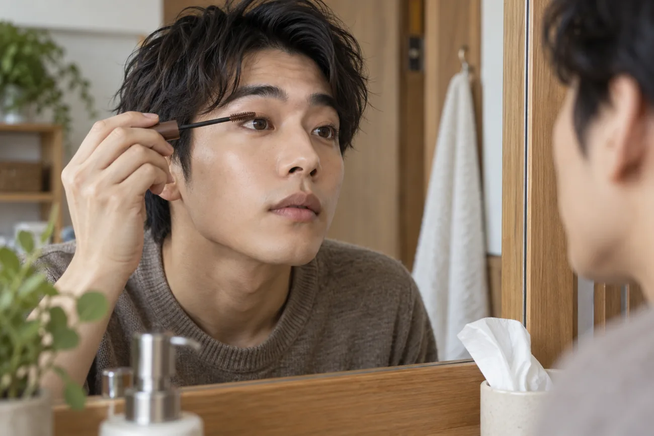 Jeune adulte est-asiatique applique une couche légère de mascara brun devant un miroir à domicile