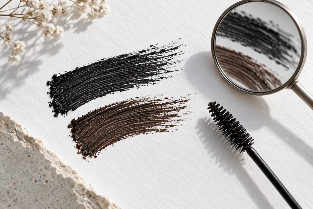 Traits de mascara noir et brun foncé sur papier blanc près d’un goupillon propre et d’un petit miroir