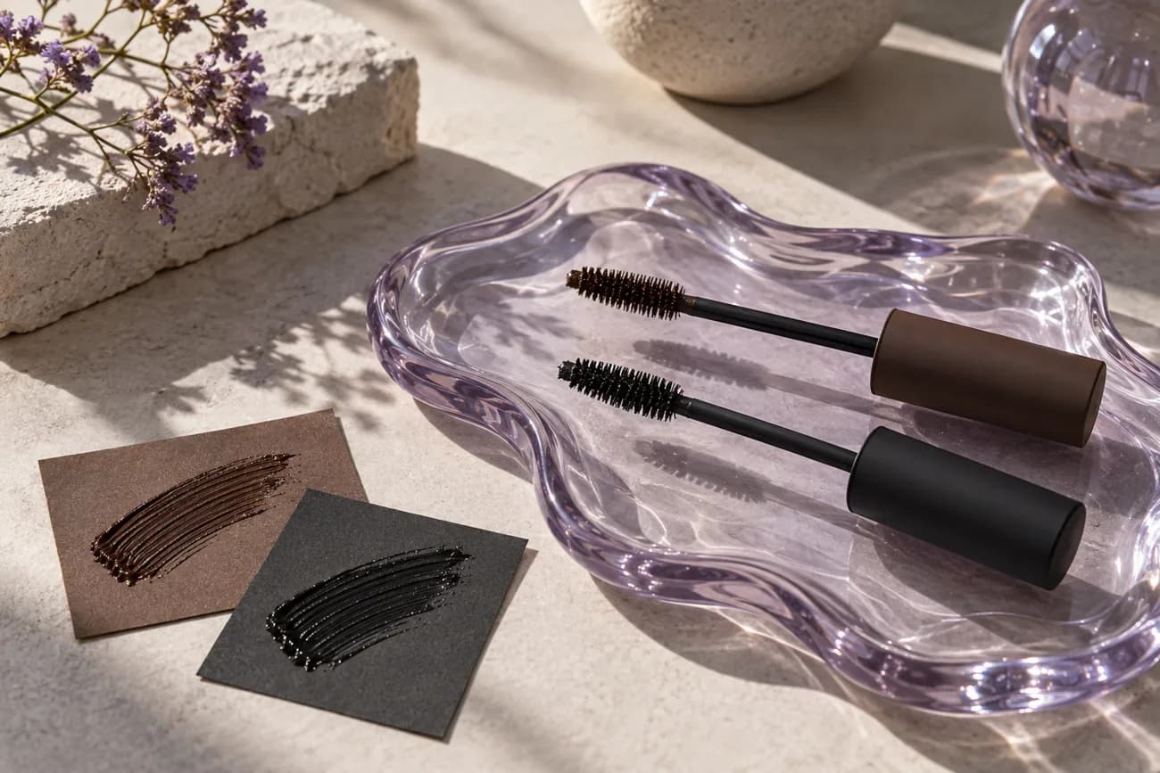 Deux brosses de mascara marron et noir sans marque et des cartes de couleur sur un plateau en verre lilas