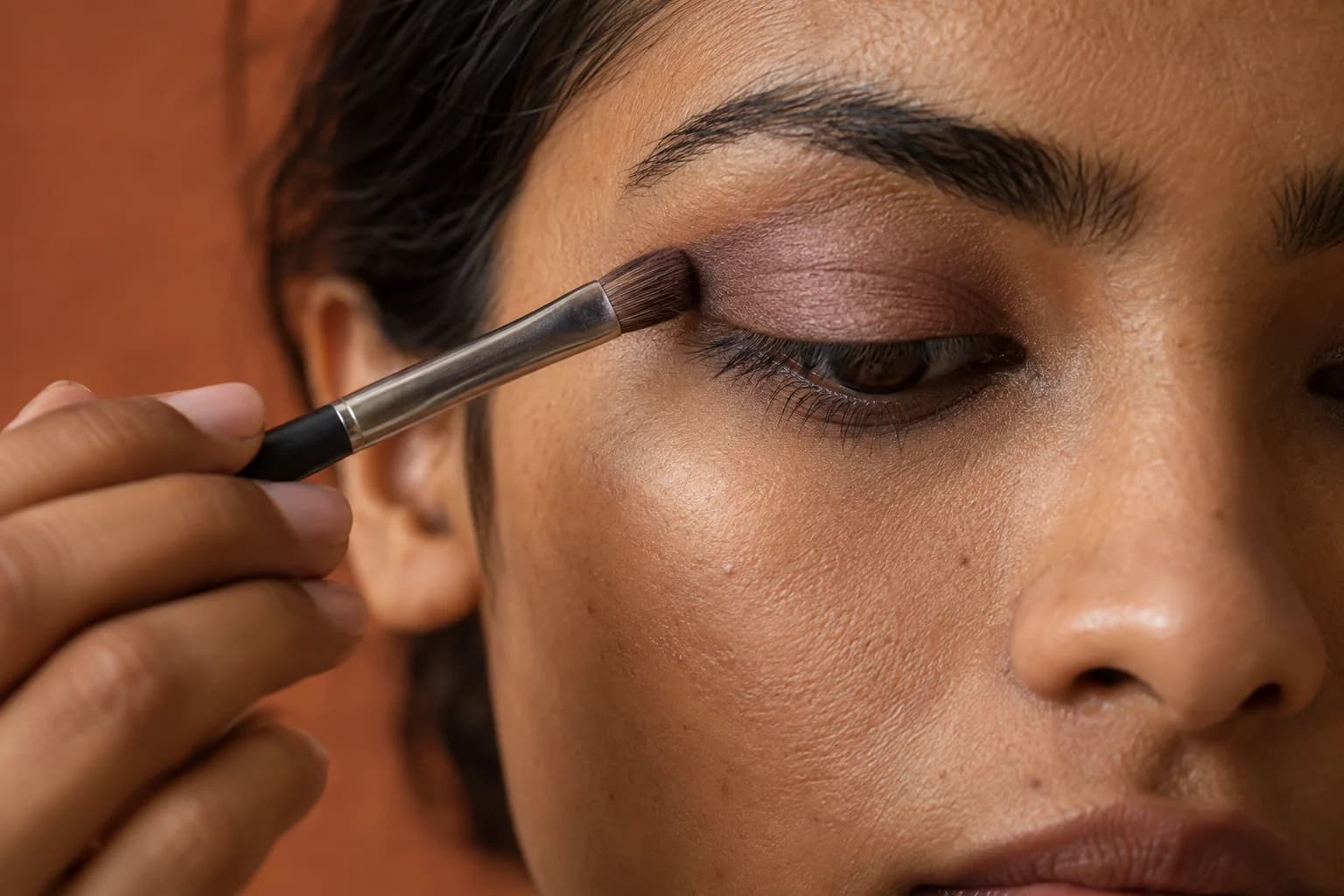 Small clean brush applying a restrained muted plum shadow to the outer upper lid of a young woman with brown eyes