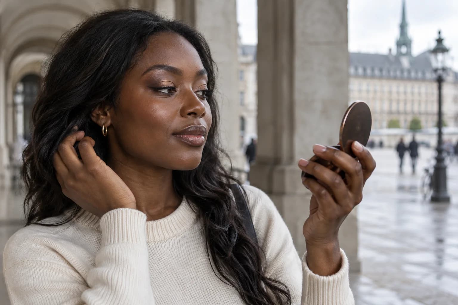 Young woman with dark brown eyes checking restrained bronze shadow in a compact mirror beneath an outdoor stone arcade
