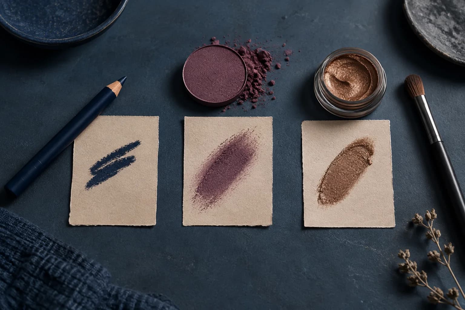 Three separate navy, muted plum and bronze pigment swatches on cards across a deep slate worktable