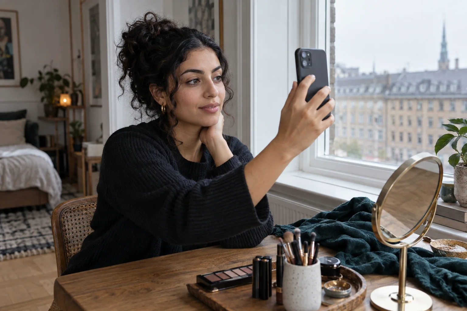 Young woman with deep brown eyes taking one clear eye-level portrait by an apartment window