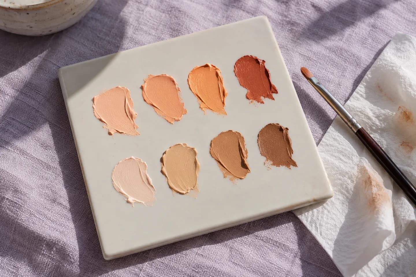 Peach, apricot and terracotta cream dabs beside a small brush on a ceramic tile