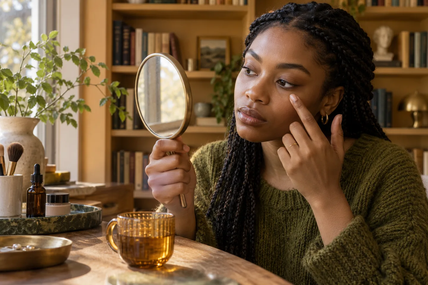 Young woman examining natural under-eye color in a small mirror at a warm library vanity