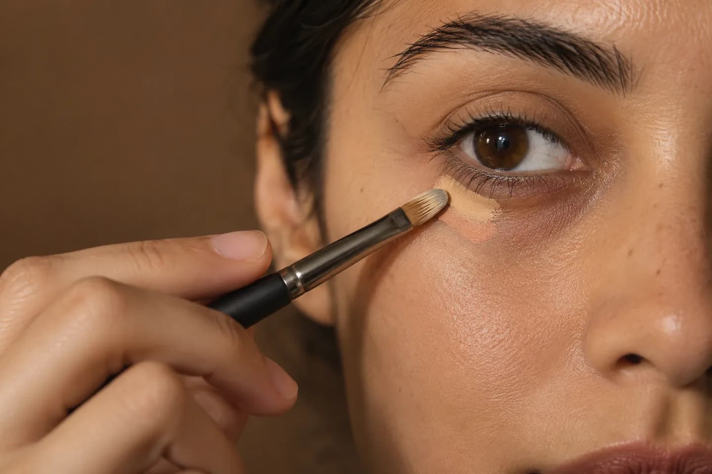 Small brush placing a thin concealer layer over local under-eye color correction