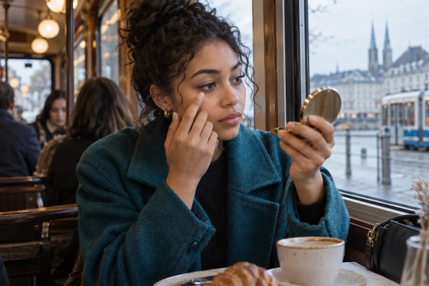 Young woman checking subtle under-eye makeup in a compact mirror by a café window