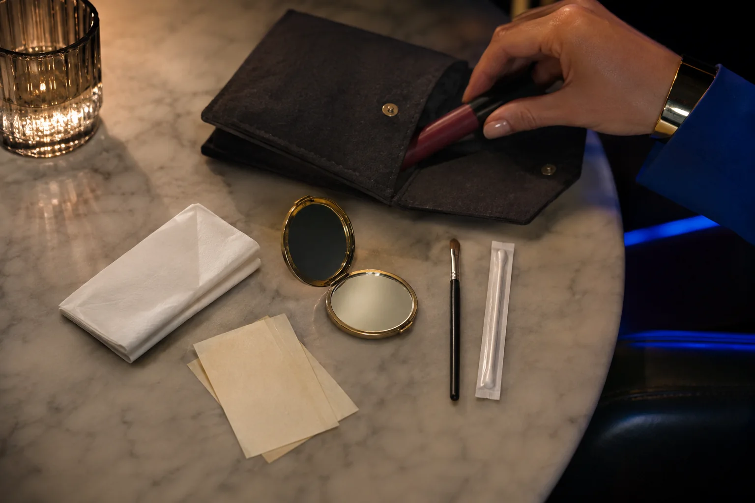 Small unbranded evening touch-up kit with blotting papers, berry lip color, compact mirror and cotton bud on a café table