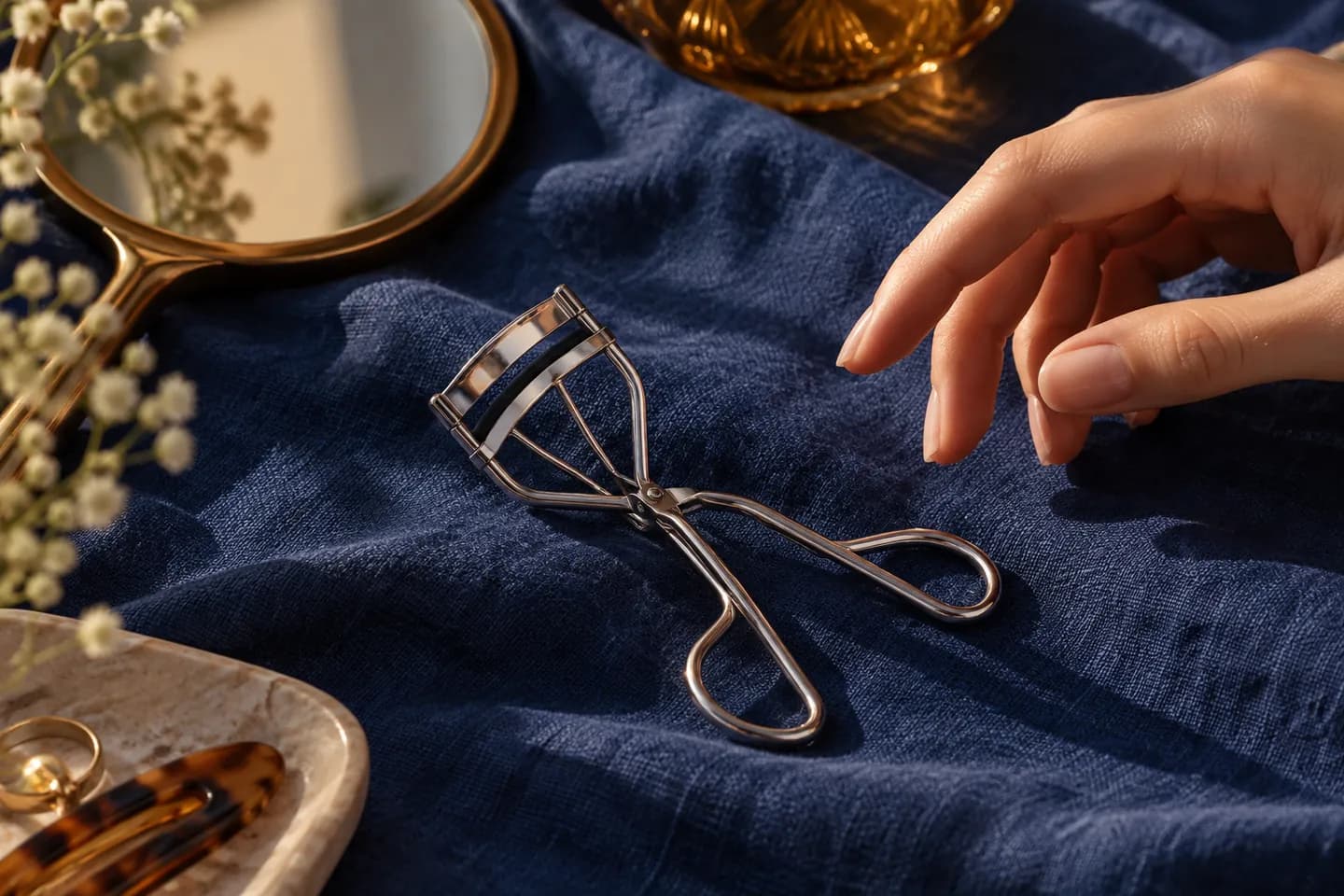 Clean unbranded eyelash curler on cobalt linen beside a small mirror
