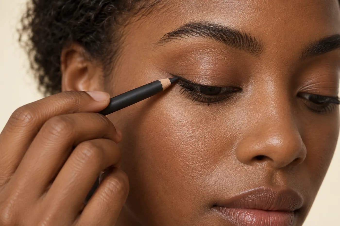 Jeune adulte à la peau brun foncé appliquant un petit trait de crayon sur la peau extérieure de la paupière supérieure au-dessus des cils