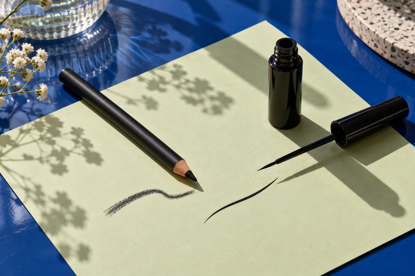 Crayon pour les yeux et pinceau de liner liquide sans marque près de traces douce et nette sur papier vert pâle au-dessus d’une table bleue